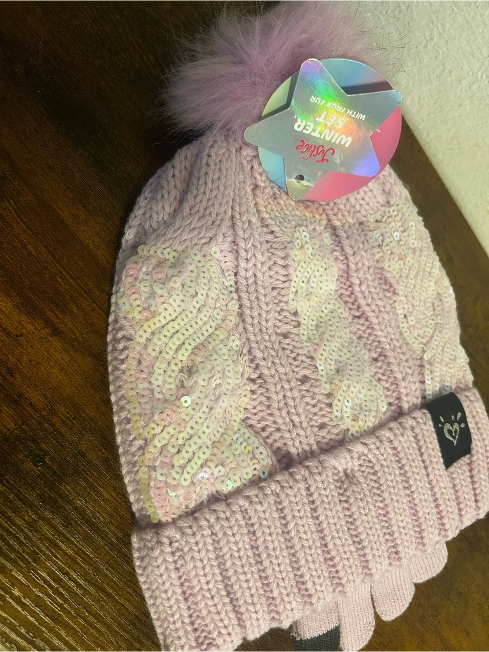Justice Girls Lavender Purple Sequin Cable Knit Beanie Hat and Glove Set NWT